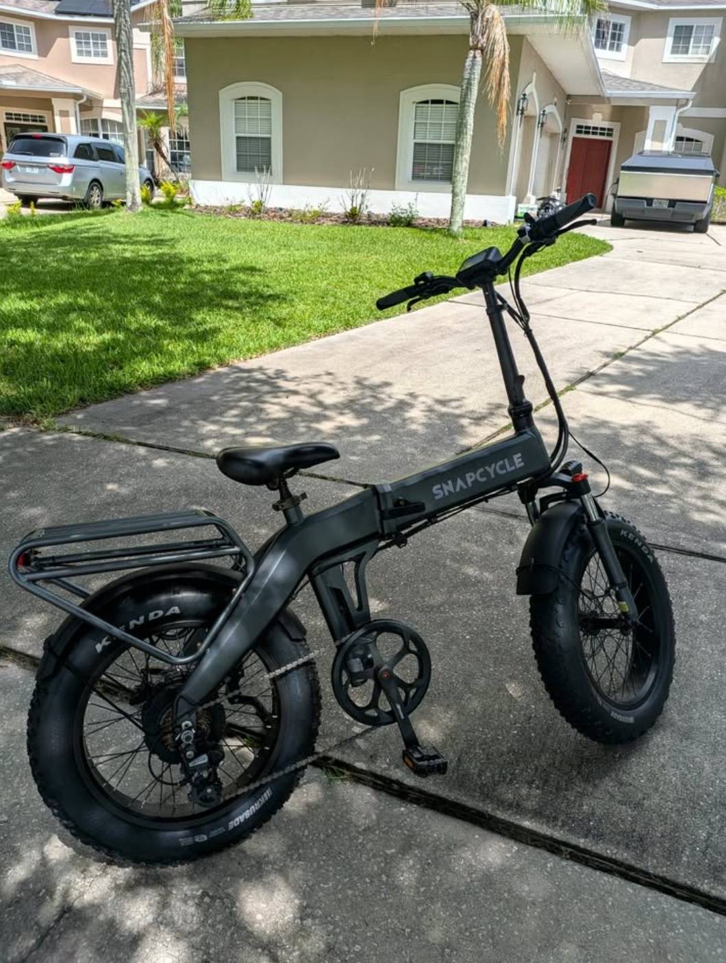 The actual used Snapcycle S1 folding fat tire e-bike for sale, photographed in Winter Garden FL