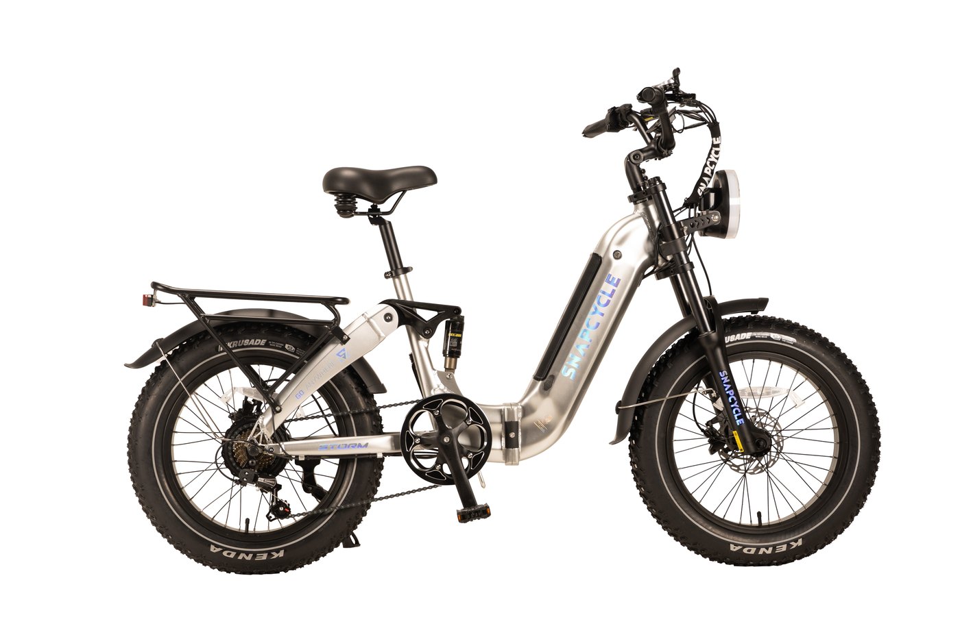 Snapcycle Storm folding full suspension fat tire e-bike in silver